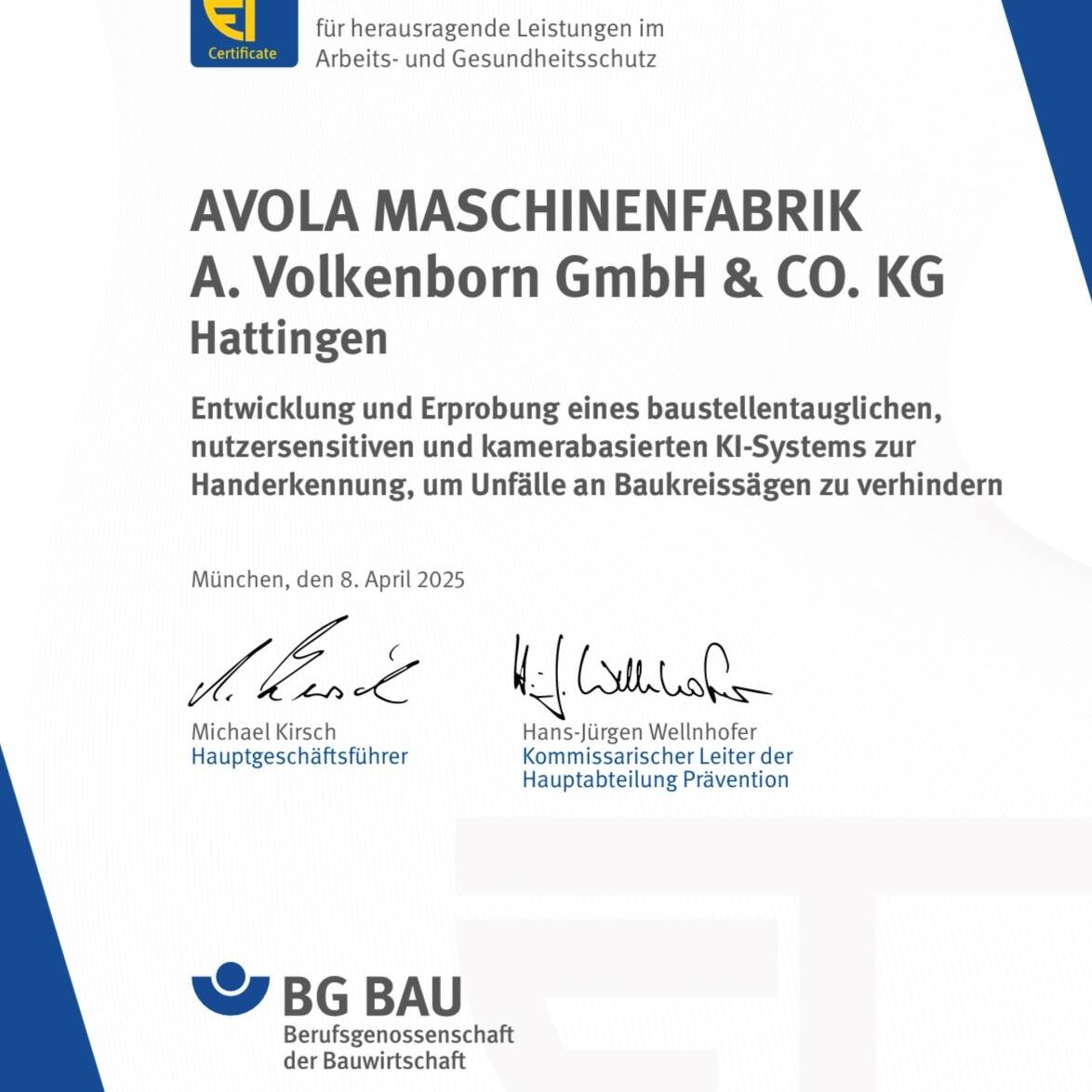 innovation Baukreissäge, EuroTest-Preis AVOLA Hand Guard ZBV 500-HG,